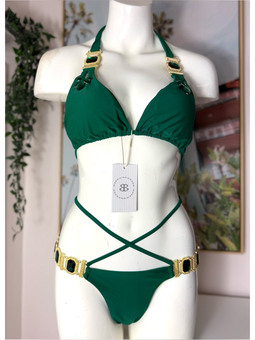 NWT Bella Barnett Emerald Green Gold Gemstone 2pc Bikini Set Size XL/L